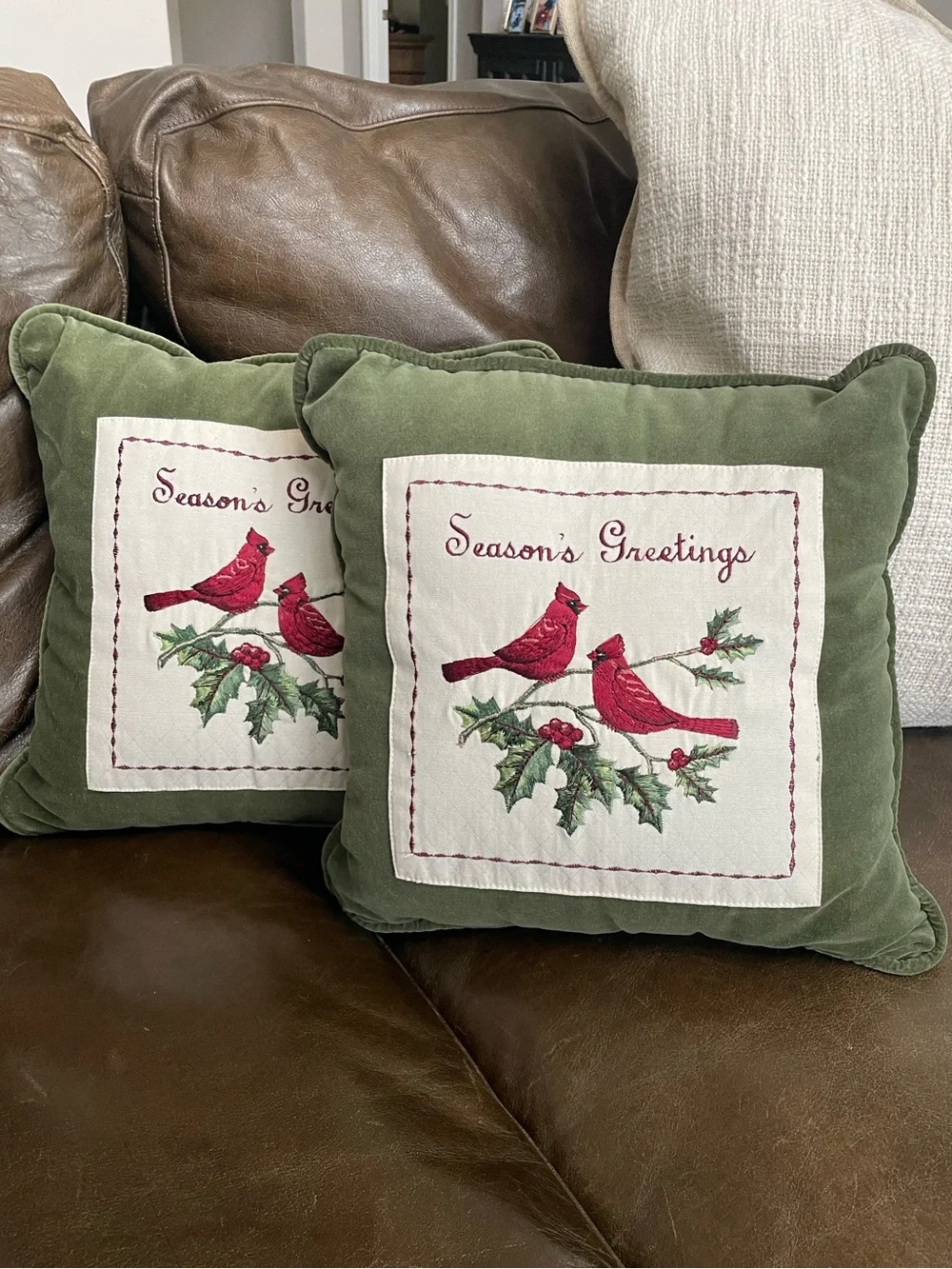 Green Velvet Green “Season’s Greeting”  Cardinal Holiday Throw Pillow 12”X12”
